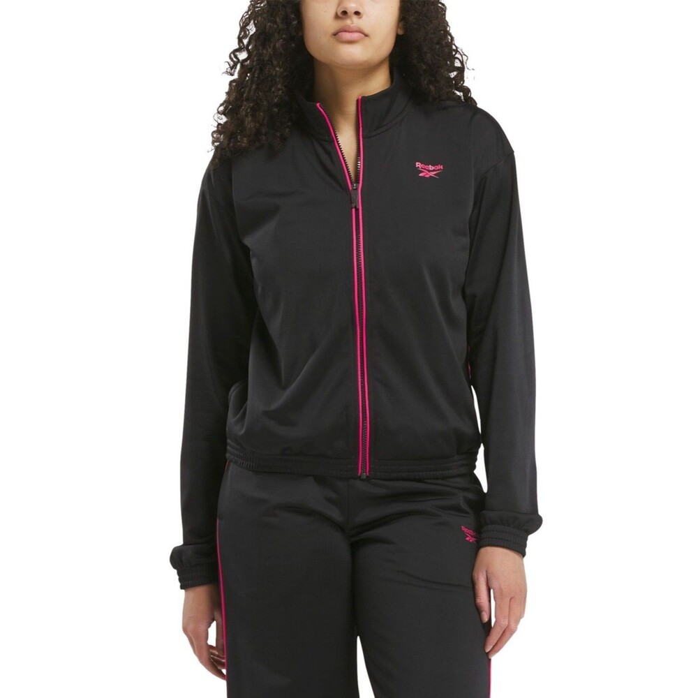 Reebok Women's logo Identity Tricot Track Jacket Sport Casual Black Pink L